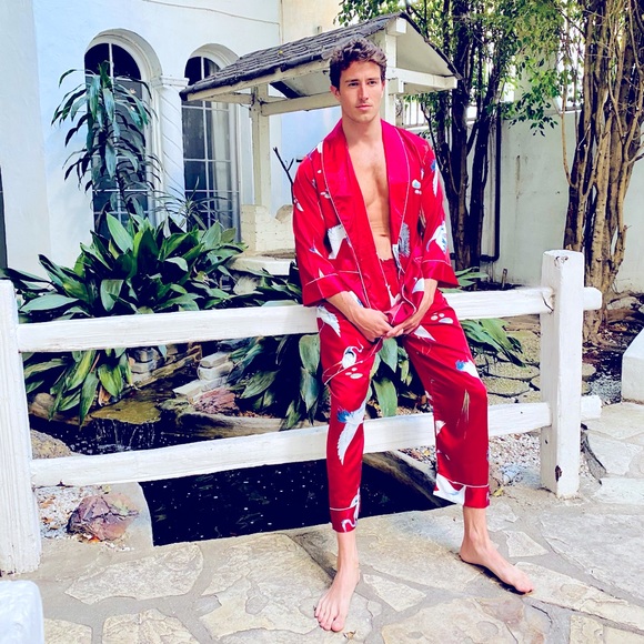 Satin Red Bird Print Robe and Pant Set - Picture 6 of 8